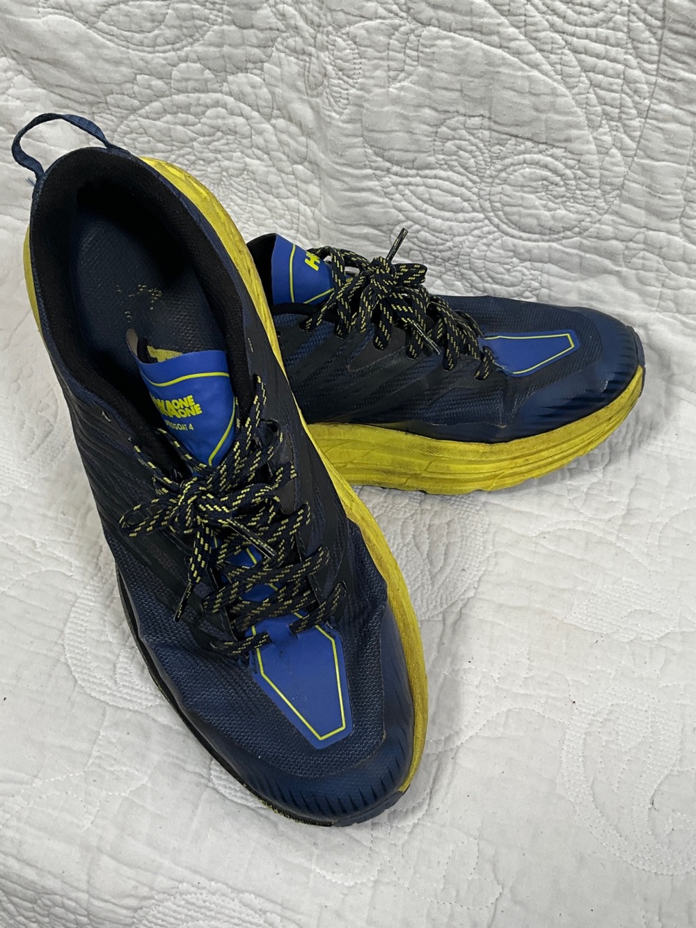Hoka Men's Navy Blue and Yellow Athletic Running Shoes